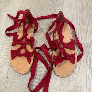 AD & Daughters Women Bristela Wrap Up Red Cloth Flat Gladiator Sandal Size 6.5
